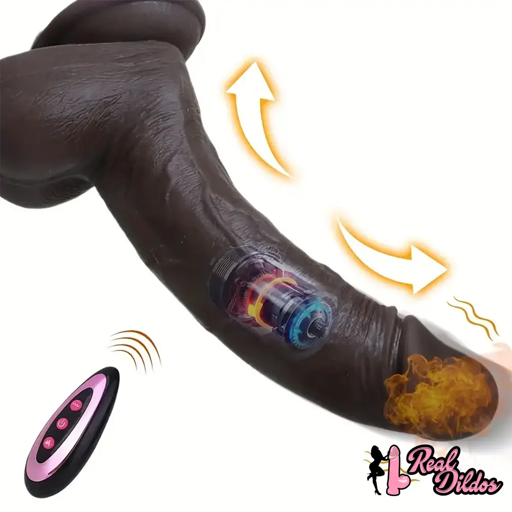 8.66in Usb Powered 10 Vibrating 9 Thrusting Remote Silicone Ebony Dildo - Real Dildos