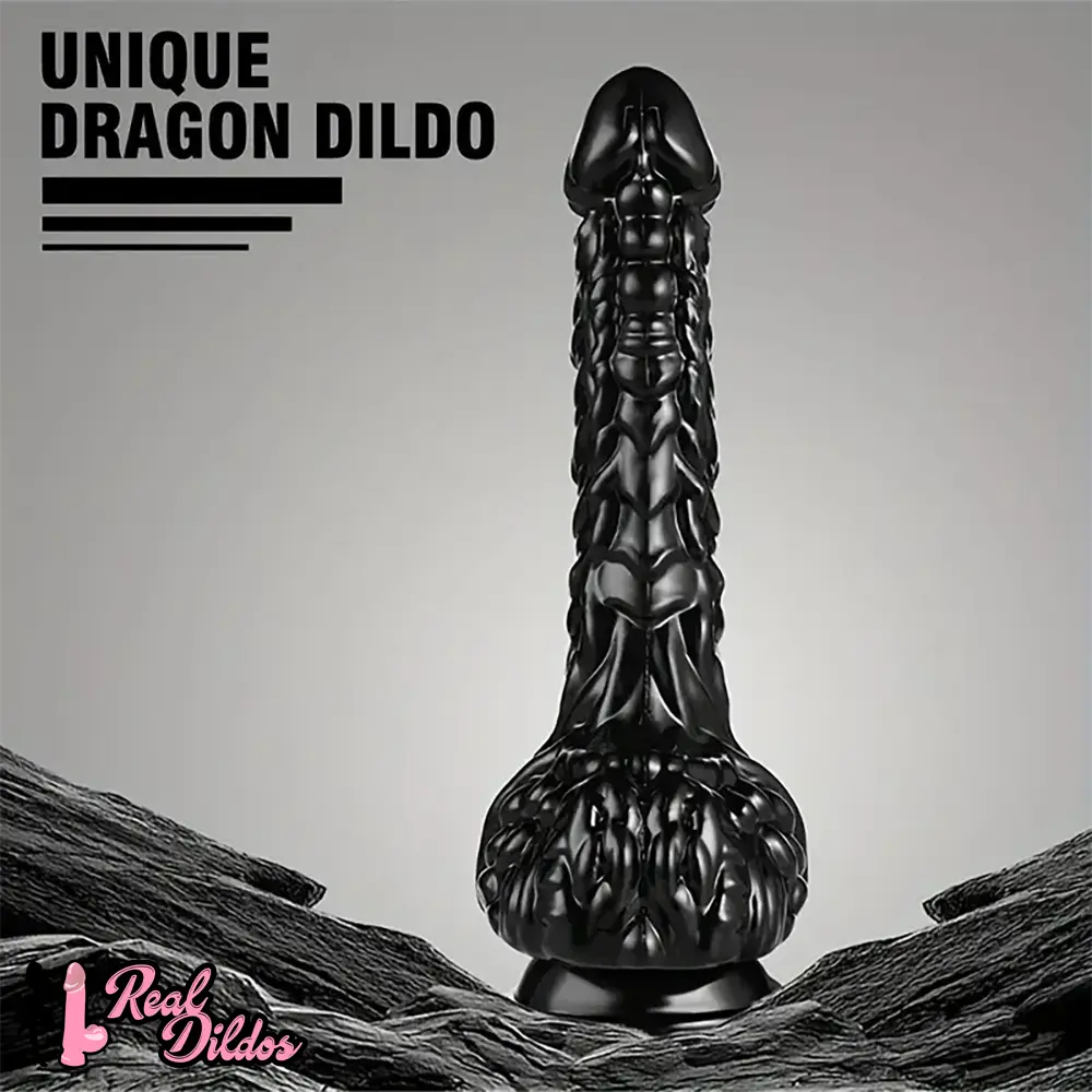 9in Dragon Big Black Fantasy Penis Scales Bumps Silicone Soft Dildo - Real Dildos