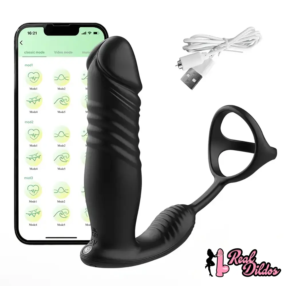 5.91in Black Auto Vibrating Thrusting APP Controlled Dildo With Cock Ring